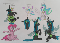 Size: 2547x1846 | Tagged: safe, artist:danton-y17, pinkie pie, princess celestia, queen chrysalis, oc, oc:anon, alicorn, changeling, changeling queen, earth pony, human, pony, g4, doodle, female, hug, hug from behind, russian meme, sitting, spread wings, wings