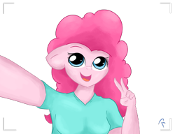 Size: 2600x2000 | Tagged: safe, artist:reinbou, pinkie pie, earth pony, anthro, g4, high res, peace sign, selfie, simple background, solo, transparent background