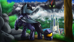 Size: 3840x2160 | Tagged: safe, artist:crimsonwolf360, king sombra, oc, oc:noble six, pegasus, pony, fanfic:a noble death, g4, city, crossover, crystal empire, dirt, fanfic art, halo (series), helmet, high res, looking back, male, pegasus oc, shrub, solo focus, tree