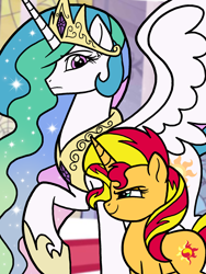 Size: 1620x2160 | Tagged: safe, artist:melspyrose, princess celestia, sunset shimmer, alicorn, pony, unicorn, g4, crown, duo, female, hoof shoes, jewelry, mare, regalia, smiling, smirk