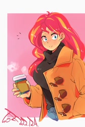Size: 800x1200 | Tagged: safe, artist:sozglitch, sunset shimmer, human, equestria girls, g4, big breasts, breasts, busty sunset shimmer, clothes, coat, coffee cup, cup, female, huge breasts, passepartout, smiling, solo, turtleneck