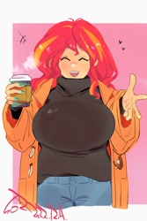 Size: 800x1200 | Tagged: safe, artist:sozglitch, sunset shimmer, human, equestria girls, g4, big breasts, breasts, busty sunset shimmer, clothes, coat, coffee cup, cup, eyes closed, female, heart, huge breasts, looking at you, open mouth, open smile, passepartout, smiling, smiling at you, solo, turtleneck