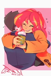 Size: 800x1200 | Tagged: safe, artist:sozglitch, sunset shimmer, oc, oc:generic messy hair anime anon, human, equestria girls, g4, canon x oc, clothes, coat, coffee cup, cup, duo, eyes closed, female, heart, hug, male, open mouth, open smile, passepartout, shipping, smiling, straight