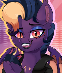 Size: 1700x1990 | Tagged: safe, artist:joaothejohn, oc, oc only, oc:bea, bat pony, pony, bat pony oc, bust, challing card, clothes, commission, hooves, jacket, looking at you, portrait, simple background, smiling, solo, teeth, wings