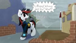 Size: 4000x2250 | Tagged: safe, artist:tatzlcatto, oc, oc:blackjack, pony, unicorn, fallout equestria, fallout equestria: project horizons, accidental vore, brick wall, commission, female, flag, flag pole, horn, implied oc:littlepip, implied oc:velvet remedy, mare, mare pred, mare prey, simple background, unaware vore, unicorn oc, vore