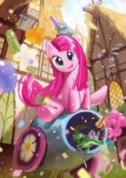Size: 1000x1414 | Tagged: safe, artist:oboollu ob, gummy, pinkie pie, alligator, earth pony, pony, reptile, g4, balloon, confetti, cute, cuteamena, duo, female, happy, hat, looking at you, mare, party cannon, party hat, pinkamena diane pie, ponyville, smiling