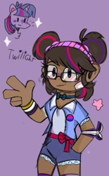 Size: 796x1280 | Tagged: safe, artist:hisnigo2011, twilight sparkle, human, pony, unicorn, g4, alternate hairstyle, asexual, asexual pride flag, bandaid, bisexual pride flag, bowtie, clothes, dark skin, glasses, humanized, nonbinary, nonbinary pride flag, pride, pride flag, purple background, shorts, simple background, socks, solo, tank top, unicorn twilight, vest