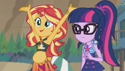 Size: 2048x1153 | Tagged: safe, edit, edited screencap, screencap, sci-twi, sunset shimmer, twilight sparkle, human, equestria girls, equestria girls series, g4, unsolved selfie mysteries, armpits, arms in the air, beach, belly button, bikini, chubby, clothes, female, hands in the air, sarong, swimsuit