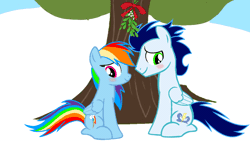 Size: 1920x1080 | Tagged: safe, artist:mlplary6, rainbow dash, soarin', pegasus, pony, g4, animated, blushing, boyfriend and girlfriend, duo, female, gif, kiss on the lips, kissing, looking at each other, looking at someone, male, mare, mistletoe, ship:soarindash, shipping, smiling, smiling at each other, snow, stallion, straight, tree