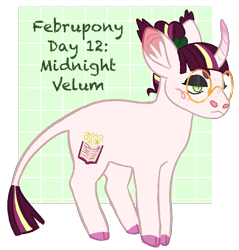 Size: 711x744 | Tagged: safe, artist:s0ftserve, oc, oc only, oc:midnight vellum, pony, unicorn, beanbrows, cloven hooves, curved horn, ear fluff, eyebrows, female, glasses, horn, leonine tail, mare, simple background, solo, tail, transparent background
