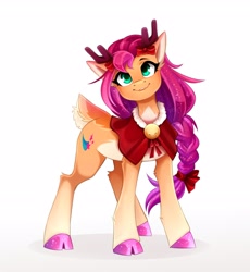 Size: 2717x2953 | Tagged: safe, artist:buvanybu, sunny starscout, deer, deer pony, original species, reindeer, g5, antlers, bell, bow, braid, capelet, cloven hooves, colored hooves, colored pinnae, cute, deerified, doe, female, hair bow, high res, looking at you, pale belly, simple background, smiling, smiling at you, solo, sparkly hooves, sparkly mane, species swap, standing, sunnybetes, white background