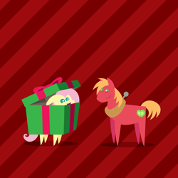 Size: 2160x2160 | Tagged: safe, anonymous artist, big macintosh, fluttershy, earth pony, pegasus, pony, series:fm holidays, series:hearth's warming advent calendar 2022, g4, advent calendar, box, christmas, cute, female, floppy ears, flutterbox, high res, holiday, lineless, looking at each other, looking at someone, male, mare, pointy ponies, present, ship:fluttermac, shipping, shyabetes, smiling, smiling at each other, stallion, straight