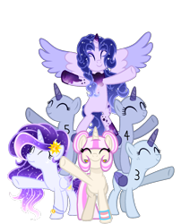 Size: 1156x1366 | Tagged: safe, artist:existencecosmos188, oc, oc only, oc:existence, pony, base used, collaboration, ethereal mane, eyes closed, female, group, mare, simple background, smiling, spread wings, starry mane, transparent background, wings