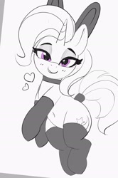 Size: 2101x3159 | Tagged: safe, artist:pabbley, trixie, pony, unicorn, g4, bedroom eyes, belly button, bunny ears, choker, clothes, heart, high res, lidded eyes, looking at you, partial color, simple background, smiling, smiling at you, socks, solo, stockings, tail, tail wrap, thigh highs, white background