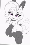 Size: 2101x3159 | Tagged: safe, artist:pabbley, trixie, pony, unicorn, bedroom eyes, belly button, bunny ears, choker, clothes, heart, lidded eyes, looking at you, partial color, simple background, smiling, smiling at you, socks, solo, stockings, tail, tail wrap, thigh highs, white background