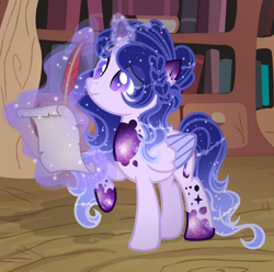 Size: 1024x1015 | Tagged: safe, artist:existencecosmos188, oc, oc only, oc:existence, alicorn, pony, alicorn oc, base used, ethereal mane, female, glowing, glowing horn, golden oaks library, horn, indoors, library, magic, magic aura, mare, quill, raised hoof, scroll, solo, starry mane, telekinesis, wings