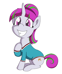 Size: 1022x1225 | Tagged: safe, artist:soccy, oc, oc only, oc:zippi, pony, unicorn, 2023 community collab, derpibooru community collaboration, clothes, female, filly, foal, leotard, simple background, sitting, smiling, solo, transparent background