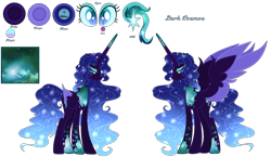 Size: 3014x1753 | Tagged: safe, artist:existencecosmos188, oc, oc only, alicorn, pony, alicorn oc, colored wings, duo, ethereal mane, eyelashes, female, horn, mare, nightmarified, reference sheet, simple background, starry mane, transparent background, two toned wings, wings