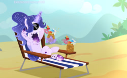 Size: 1024x630 | Tagged: safe, artist:existencecosmos188, oc, oc only, oc:existence, alicorn, pony, alicorn oc, base used, beach chair, chair, drinking, female, glowing, glowing horn, horn, magic, mare, outdoors, relaxing, solo, sunglasses, telekinesis, wings