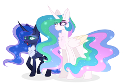 Size: 1024x695 | Tagged: safe, artist:existencecosmos188, princess celestia, princess luna, alicorn, pony, base used, chest fluff, duo, ethereal mane, female, mare, simple background, starry mane, transparent background
