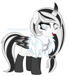 Size: 800x883 | Tagged: safe, artist:jennieoo, oc, oc:obscura veil, alicorn, pony, alicorn oc, black socks, chains, clothes, eyeshadow, gift art, horn, looking at you, makeup, patreon, patreon reward, simple background, smiling, smiling at you, socks, stockings, thigh highs, transparent background, vector, wings