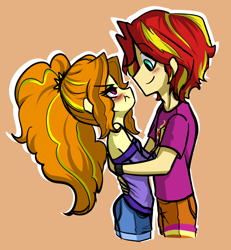 Size: 1384x1496 | Tagged: safe, artist:daazzlin, adagio dazzle, sunset shimmer, human, equestria girls, g4, blushing, cropped, duo, equestria guys, female, half r63 shipping, male, rule 63, ship:adagiglare, ship:sunsagio, shipping, simple background, smiling, straight, sunset glare
