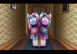 Size: 4096x2896 | Tagged: safe, artist:lrusu, aloe, lotus blossom, earth pony, pony, g4, alternate hairstyle, clothes, creepy, creepy smile, dress, female, grin, hairclip, hallway, letterboxing, looking at you, mare, parody, smiling, socks, spa twins, the grady girls, the shining