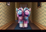 Size: 4096x2896 | Tagged: safe, artist:lrusu, aloe, lotus blossom, earth pony, pony, alternate hairstyle, clothes, creepy, creepy smile, dress, grin, hairclip, hallway, looking at you, parody, smiling, socks, spa twins, the grady girls, the shining