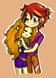 Size: 1073x1482 | Tagged: safe, artist:daazzlin, adagio dazzle, sunset shimmer, human, equestria girls, g4, blushing, cropped, duo, equestria guys, female, half r63 shipping, loose hair, male, rule 63, ship:adagiglare, ship:sunsagio, shipping, simple background, smiling, straight, sunset glare