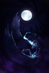 Size: 1446x2148 | Tagged: safe, artist:anticular, nightmare moon, alicorn, pony, g4, flying, full moon, magic, moon, solo, spread wings, wings