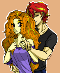 Size: 1468x1780 | Tagged: safe, artist:daazzlin, adagio dazzle, sunset shimmer, human, equestria girls, g4, blushing, cropped, duo, equestria guys, female, half r63 shipping, loose hair, male, muscles, muscular male, rule 63, ship:adagiglare, ship:sunsagio, shipping, simple background, smiling, straight, sunset glare