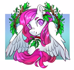 Size: 2048x1940 | Tagged: safe, artist:opalacorn, oc, oc only, pegasus, pony, bust, ear fluff, female, holly, looking at you, mare, partially open wings, smiling, smiling at you, solo, wings