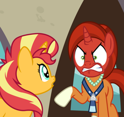 Size: 6012x5664 | Tagged: safe, artist:emeraldblast63, stellar flare, sunset shimmer, pony, unicorn, comic:the tale of two sunsets, g4, absurd resolution, angry, coat markings, female, jewelry, mare, necklace, pearl necklace, raised hoof, red face, socks (coat markings), story included