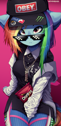 Size: 1361x2822 | Tagged: safe, artist:tweenstrip, rainbow dash, pegasus, anthro, g4, breasts, busty rainbow dash, chips, clothes, d.va, doritos, female, food, mlg, monster energy, obey, overwatch, sexy, shirt, solo, stupid sexy rainbow dash, sunglasses, swag, swag glasses, sweater
