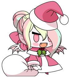 Size: 1198x1319 | Tagged: safe, artist:pearlyiridescence, oc, oc only, oc:pearly iridescence, human, bat wings, chibi, christmas, clothes, costume, fangs, fate/stay night, female, hat, holiday, holly, humanized, humanized oc, padoru, parody, santa costume, santa hat, simple background, solo, transparent background, wings
