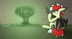 Size: 3000x1638 | Tagged: safe, artist:aaathebap, oc, oc:aaaaaaaaaaa, bat pony, pony, fallout equestria, atomic bomb, bat pony oc, fallout, male, male oc, megaspell explosion, nuclear weapon, pony oc, sitting, solo, stallion, stallion oc, weapon, wind