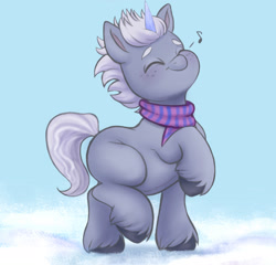 Size: 2066x1985 | Tagged: safe, artist:sallylla, alphabittle blossomforth, pony, unicorn, g5, alphabetes, clothes, colt, colt alphabittle blossomforth, cute, daaaaaaaaaaaw, eyes closed, foal, freckles, happy, hooves, male, prancing, raised hoof, scarf, simple background, smiling, snow, solo, unshorn fetlocks, walking, winter, younger