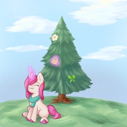 Size: 4096x4096 | Tagged: safe, artist:felldeal, hitch trailblazer, primrose (g5), pony, unicorn, series:daily drawing december, g5, christmas, christmas ornament, christmas tree, clothes, cute, decoration, eyes closed, female, glowing, glowing horn, holiday, horn, mare, scarf, smiling, tree