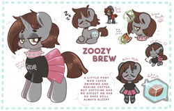 Size: 2000x1283 | Tagged: safe, artist:typhwosion, oc, oc only, oc:zoozy brew, pony, unicorn, clothes, reference sheet, solo