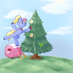 Size: 4096x4096 | Tagged: safe, artist:felldeal, fifi (g5), hitch trailblazer, pegasus, pony, series:daily drawing december, g5, apple, balancing, bow, cart, christmas, christmas tree, decoration, female, flower, food, holiday, mare, tree