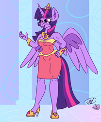 Size: 1500x1800 | Tagged: safe, artist:erynerikard, twilight sparkle, alicorn, anthro, breasts, cleavage, clothes, dress, female, hand on hip, heart, heart eyes, high heels, jewelry, mare, open mouth, open smile, regalia, shoes, smiling, solo, spread wings, twilight sparkle (alicorn), wingding eyes, wings