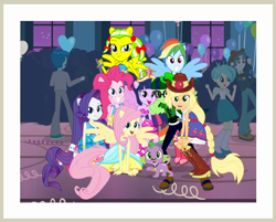 Size: 998x801 | Tagged: safe, artist:ajosterio, edit, edited screencap, screencap, applejack, fluttershy, pinkie pie, rainbow dash, rarity, scott green, spike, tennis match, thunderbass, twilight sparkle, oc, dog, human, equestria girls, g4, my little pony equestria girls, ball, boots, clothes, cowboy boots, cowboy hat, dress, fall formal outfits, hat, high heel boots, humane five, humane six, ponied up, shoes, spike the dog, wings