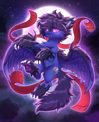 Size: 4582x5610 | Tagged: safe, artist:ask-colorsound, oc, oc only, oc:fenris ebonyglow, original species, pegasus, pony, timber pony, timber wolf, clothes, fangs, full moon, moon, moonlight, night, paw pads, paws, scarf, solo, spread wings, underpaw, wings