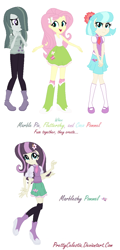 Size: 626x1302 | Tagged: safe, artist:prettycelestia, coco pommel, fluttershy, marble pie, oc, oc:marbleshy pommel, human, equestria girls, g4, boots, bowtie, clothes, equestria girls-ified, eyeshadow, flower, flower in hair, fusion, fusion:coco pommel, fusion:fluttershy, fusion:marble pie, fusion:marblecocoshy, high heel boots, long socks, makeup, multiple arms, school uniform, shoes, simple background, six arms, socks, the council of shy ponies, thigh highs, trio, white background