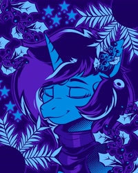 Size: 3277x4096 | Tagged: safe, artist:poxy_boxy, oc, oc only, pony, unicorn, bluescale, bust, clothes, commission, eyes closed, holly, monochrome, pine needles, scarf, smiling, solo, striped scarf