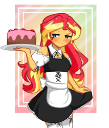 Size: 3448x4041 | Tagged: safe, artist:kittyrosie, sunset shimmer, human, equestria girls, g4, :3, blushing, breasts, cake, clothes, female, food, maid, reasonably sized breasts, socks, solo, thigh highs