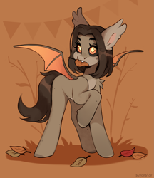 Size: 2595x3000 | Tagged: safe, artist:sugarstar, oc, oc only, bat pony, pony, black sclera, cute, ear fluff, high res, leaf, leaves, mouth hold, solo, spread wings, wings
