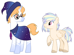 Size: 2600x1937 | Tagged: safe, artist:lambydwight, oc, oc only, oc:aurelion, oc:vanilla spike, pegasus, pony, unicorn, cape, clothes, duo, glasses, simple background, transparent background, vector