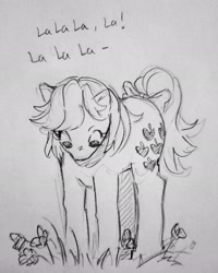 Size: 1641x2048 | Tagged: safe, artist:disc_02, applejack (g1), earth pony, pony, g1, female, flower, grayscale, looking down, mare, monochrome, pencil drawing, solo, traditional art