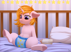 Size: 5571x4077 | Tagged: safe, alternate version, artist:dinoalpaka, oc, oc:starry drop, pony, unicorn, age regression, baby, baby bottle, baby pony, belly button, blushing, crib, diaper, diaper fetish, female, fetish, filly, foal, pillow, solo, stars